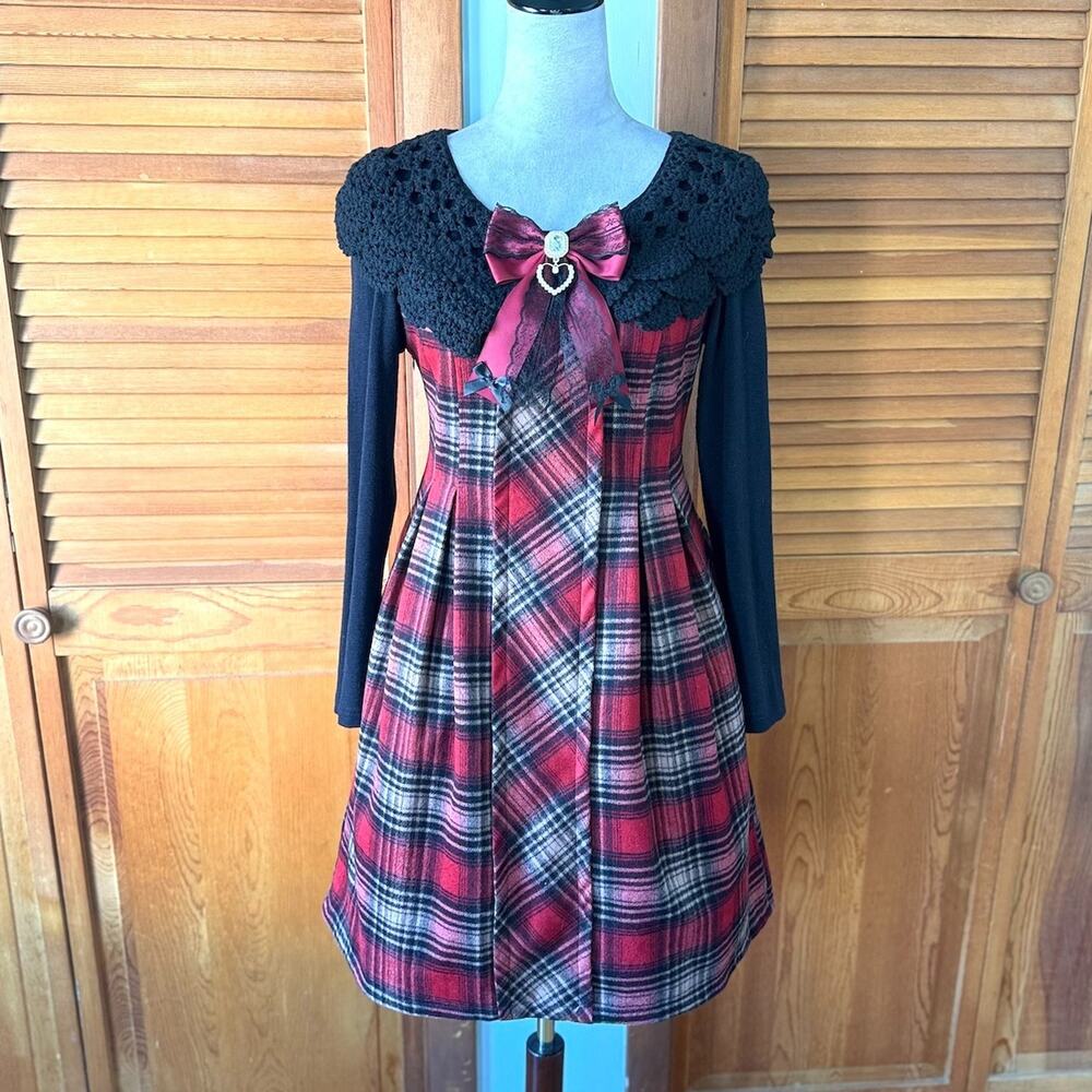 Gothic Lolita Punk EGL Gyaru Himekaji Black Red Plaid Wool Blend Dress w/ Bow M